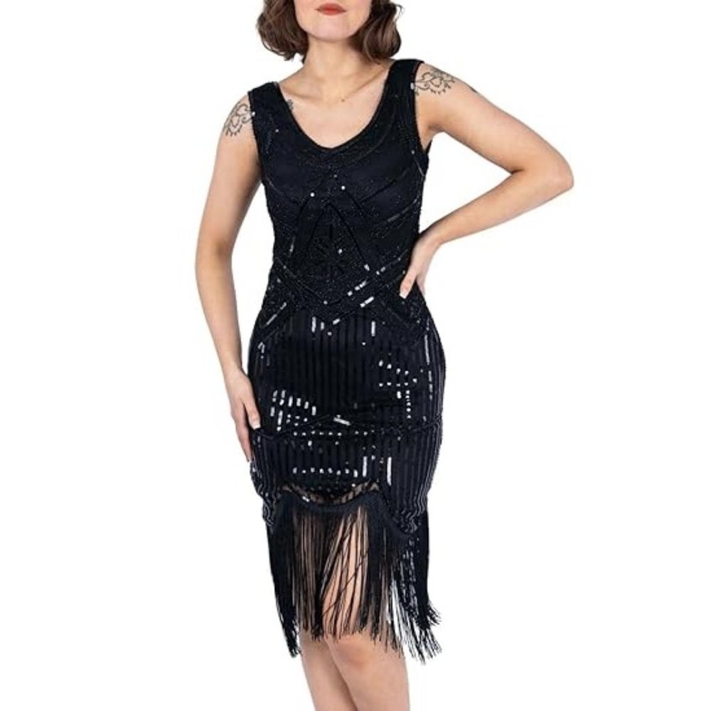 Black Beaded Fringe Sheath Dress